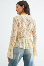 Lace Button-Down Blouse with Flared Sleeves