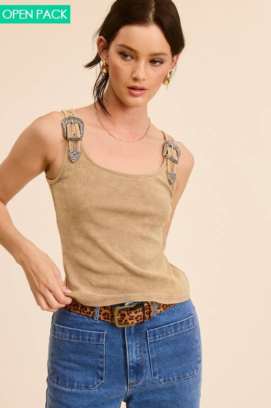 Western Silver Belt Trim Washed Tank Top