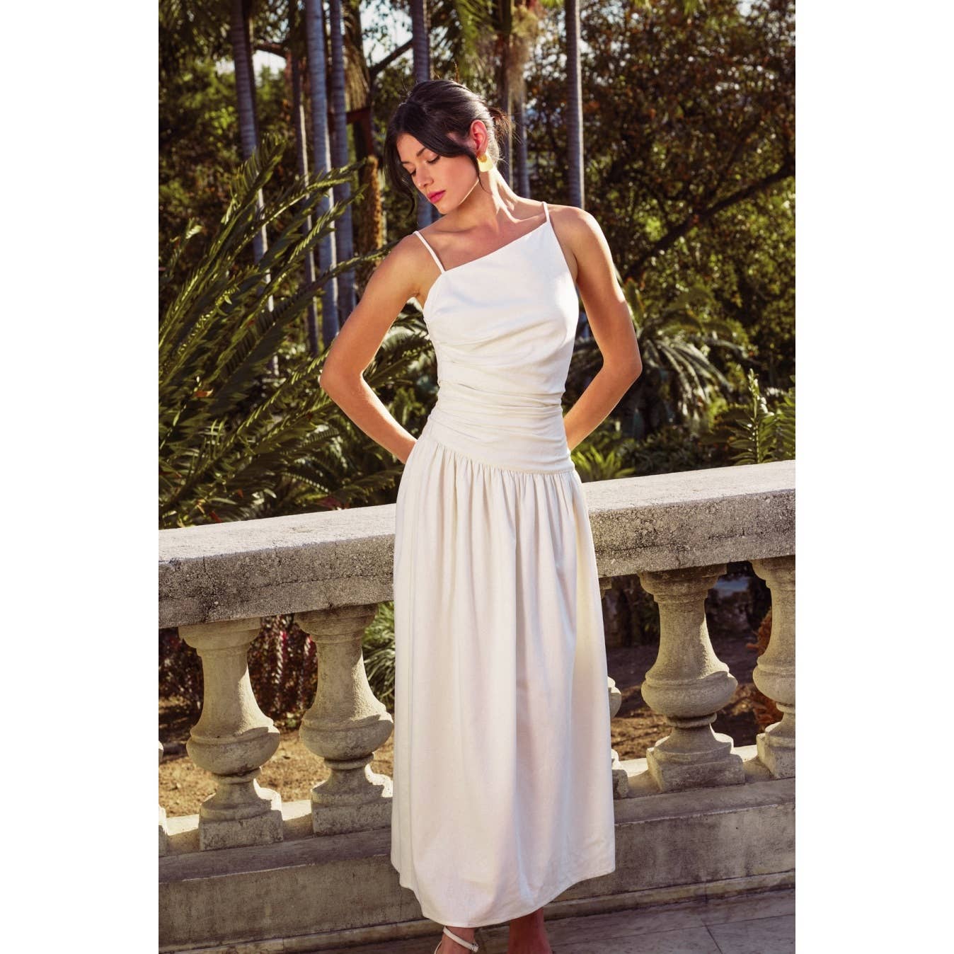 Linen Drop Waist Ruched Maxi Dress