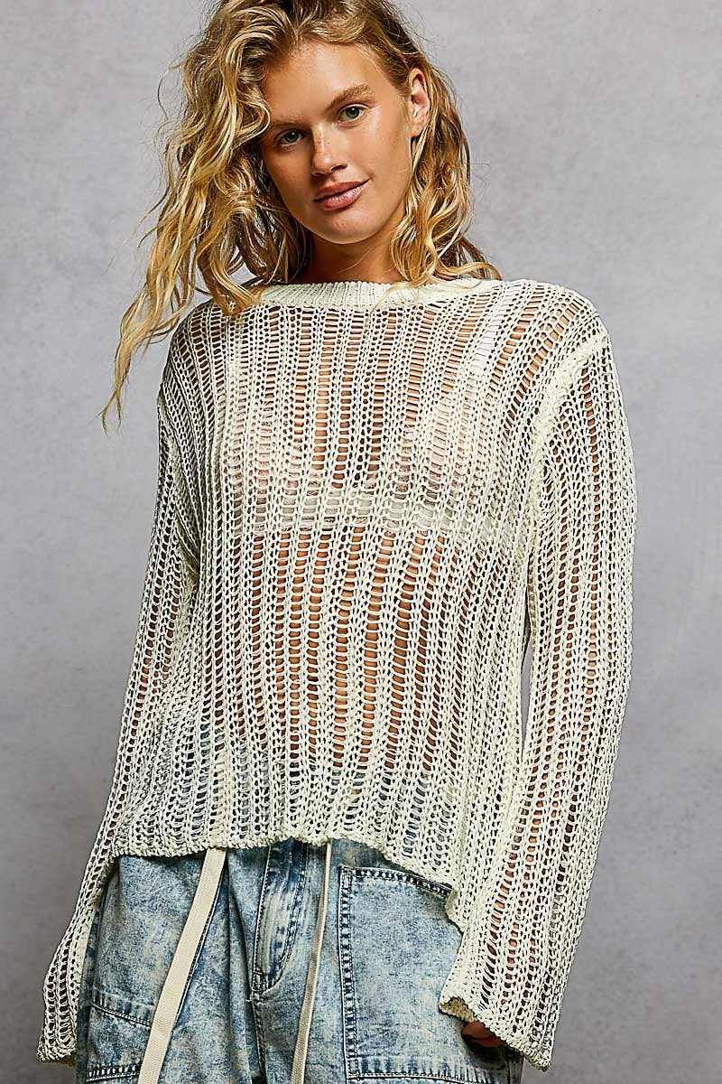 Round Neck Open-Knit Long Sleeve Sheer Sweater Top