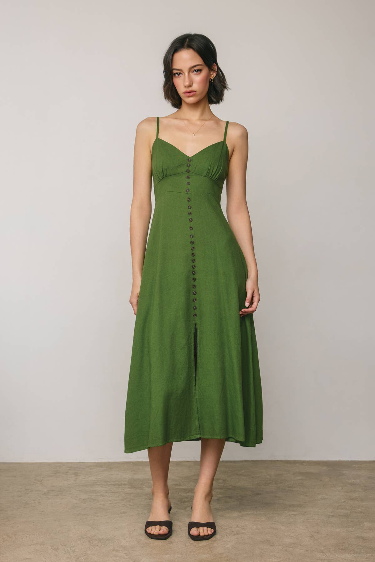 Linen Shirred Bust Button Midi Dress