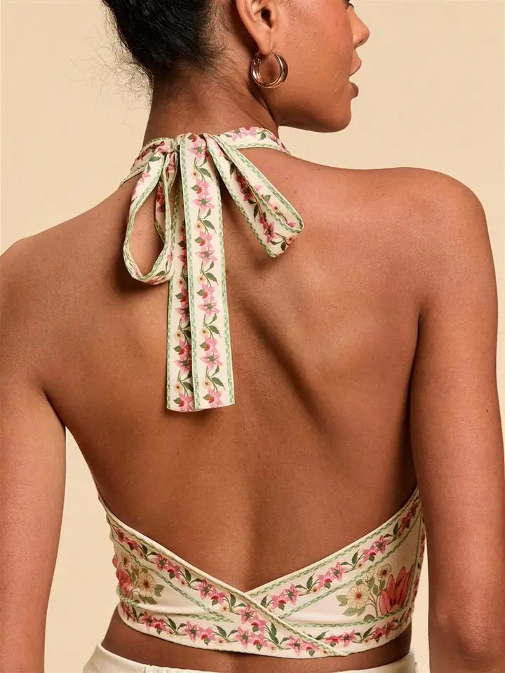 Peony Tropical Floral Print Tie Front Halter Top
