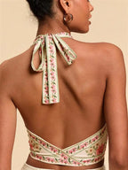 Peony Tropical Floral Print Tie Front Halter Top