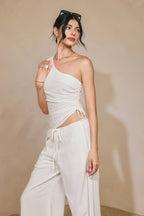Linen One Shoulder Ruched Top