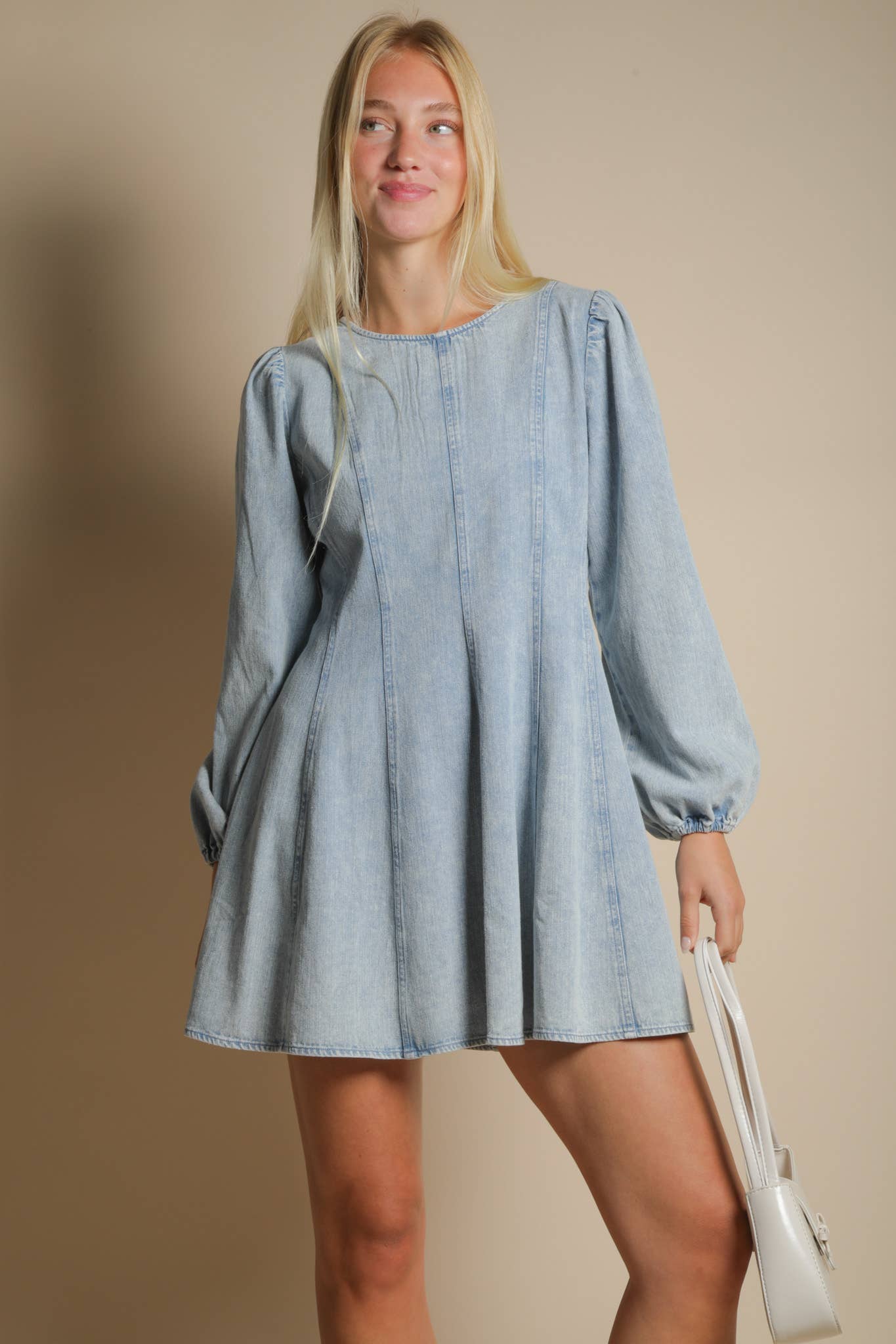 Mineral Washed Denim Seam Detail Mini Dress