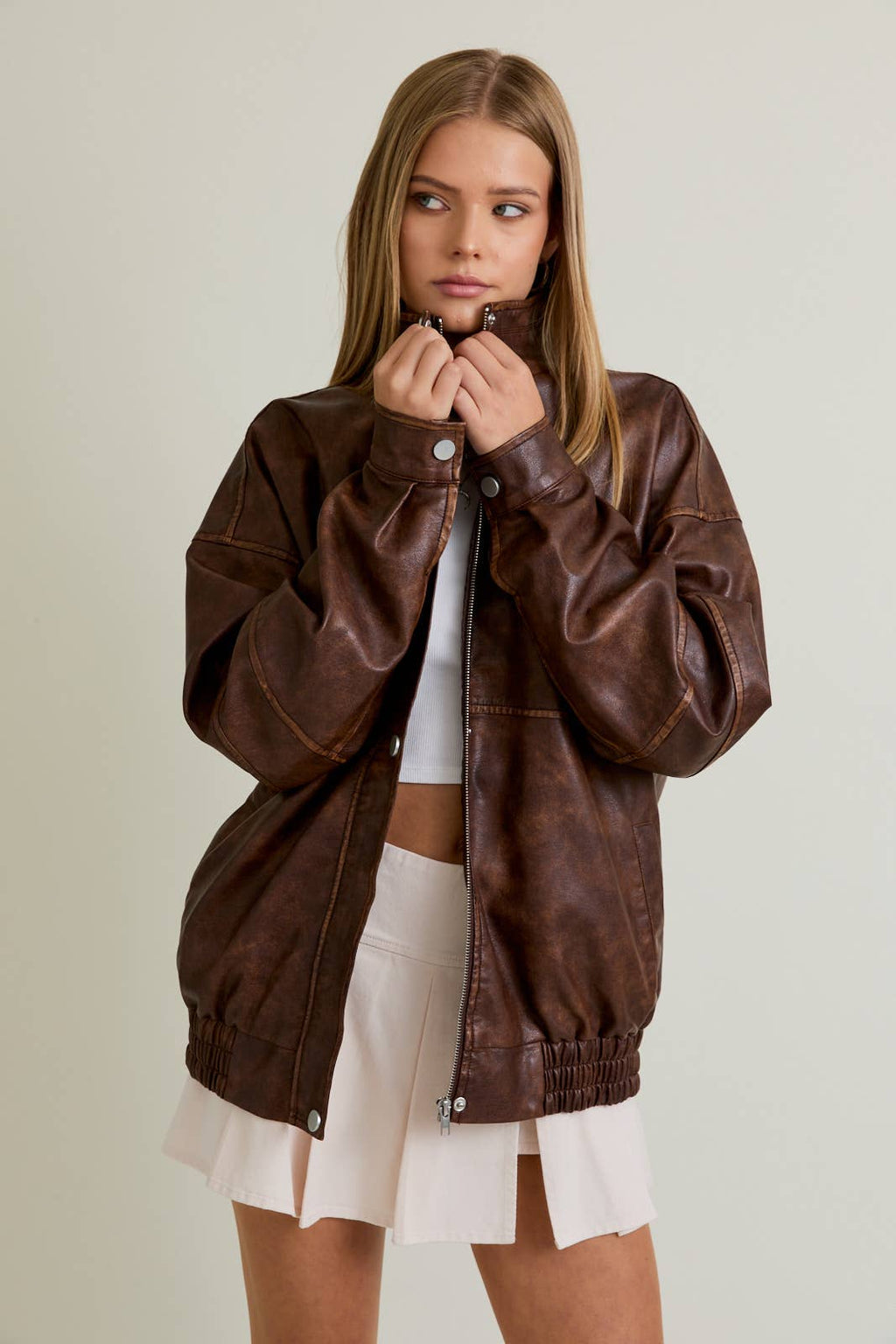 Faux Leather Oversize Bomber Jacket