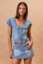 Cap Sleeve Collared Denim Top
