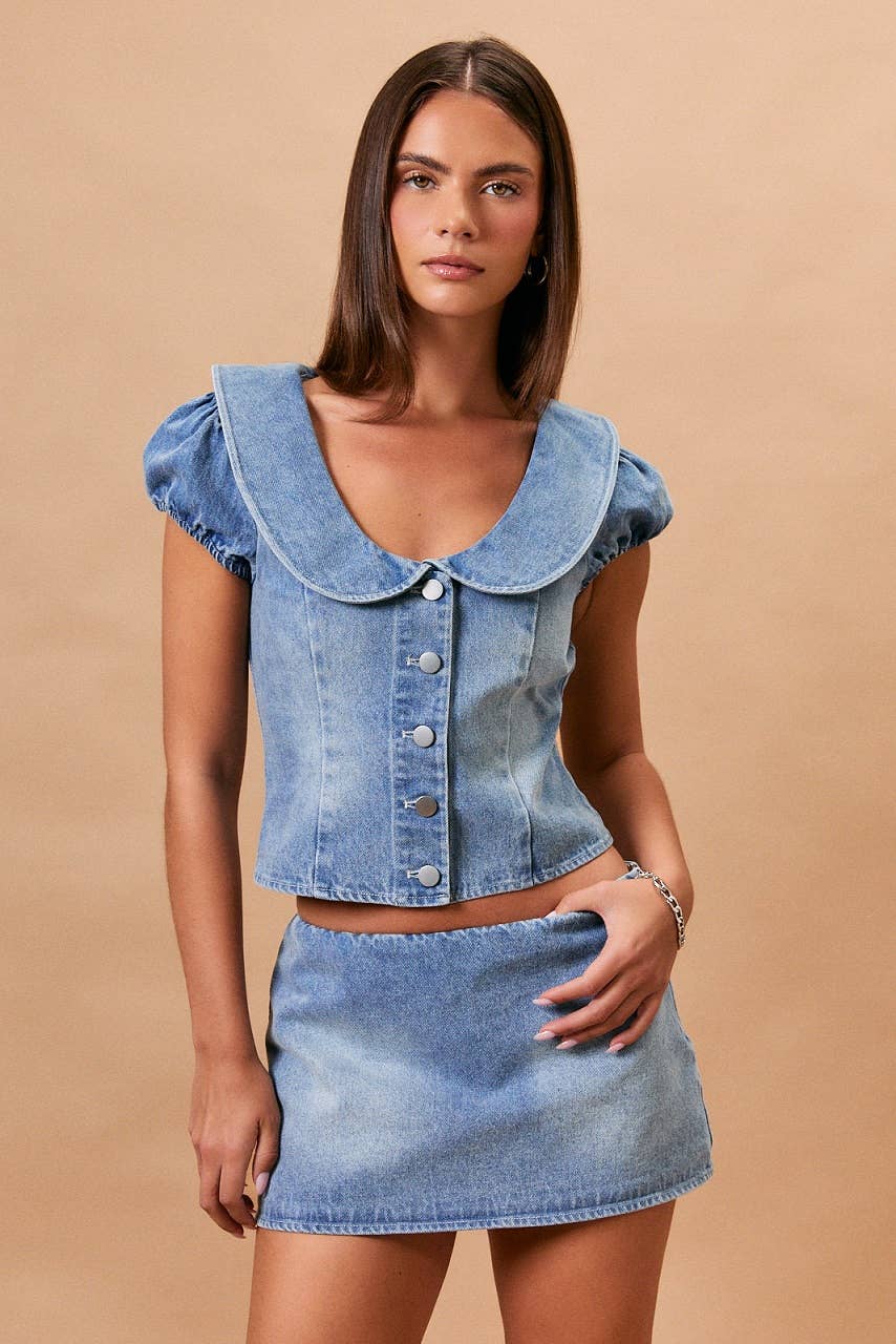 Cap Sleeve Collared Denim Top