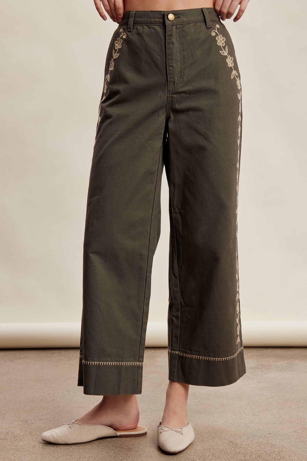 Floral Embroidered Cropped Wide-Leg Pants
