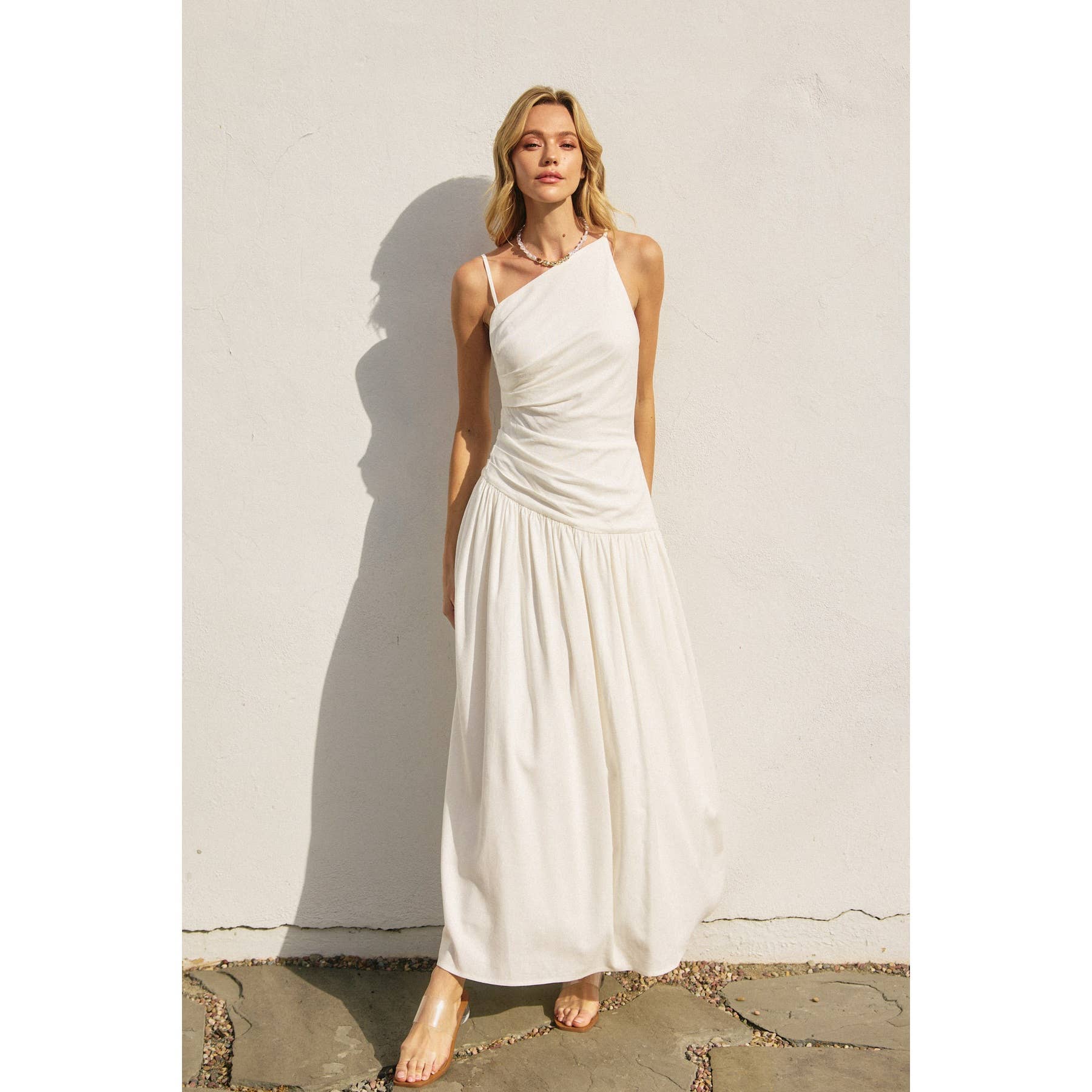 Linen Drop Waist Ruched Maxi Dress
