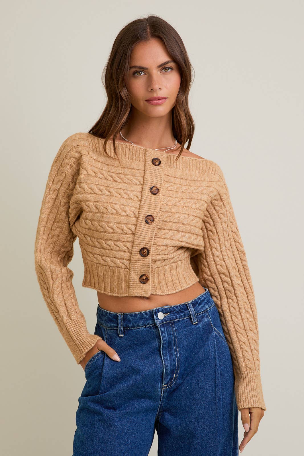 Off-Shoulder Button Sweater