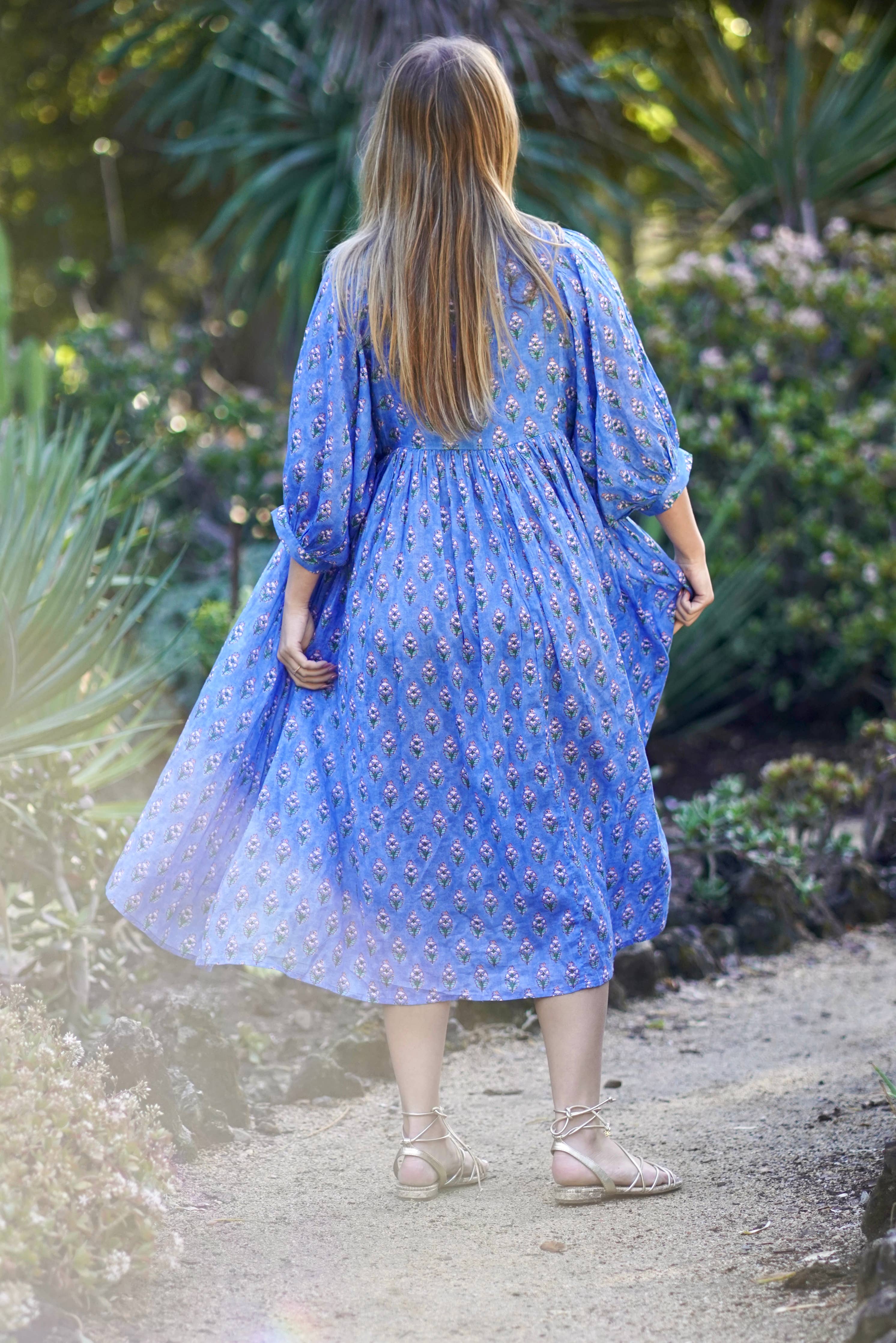 Mylah Midi Dress Block Printed Cotton Blue