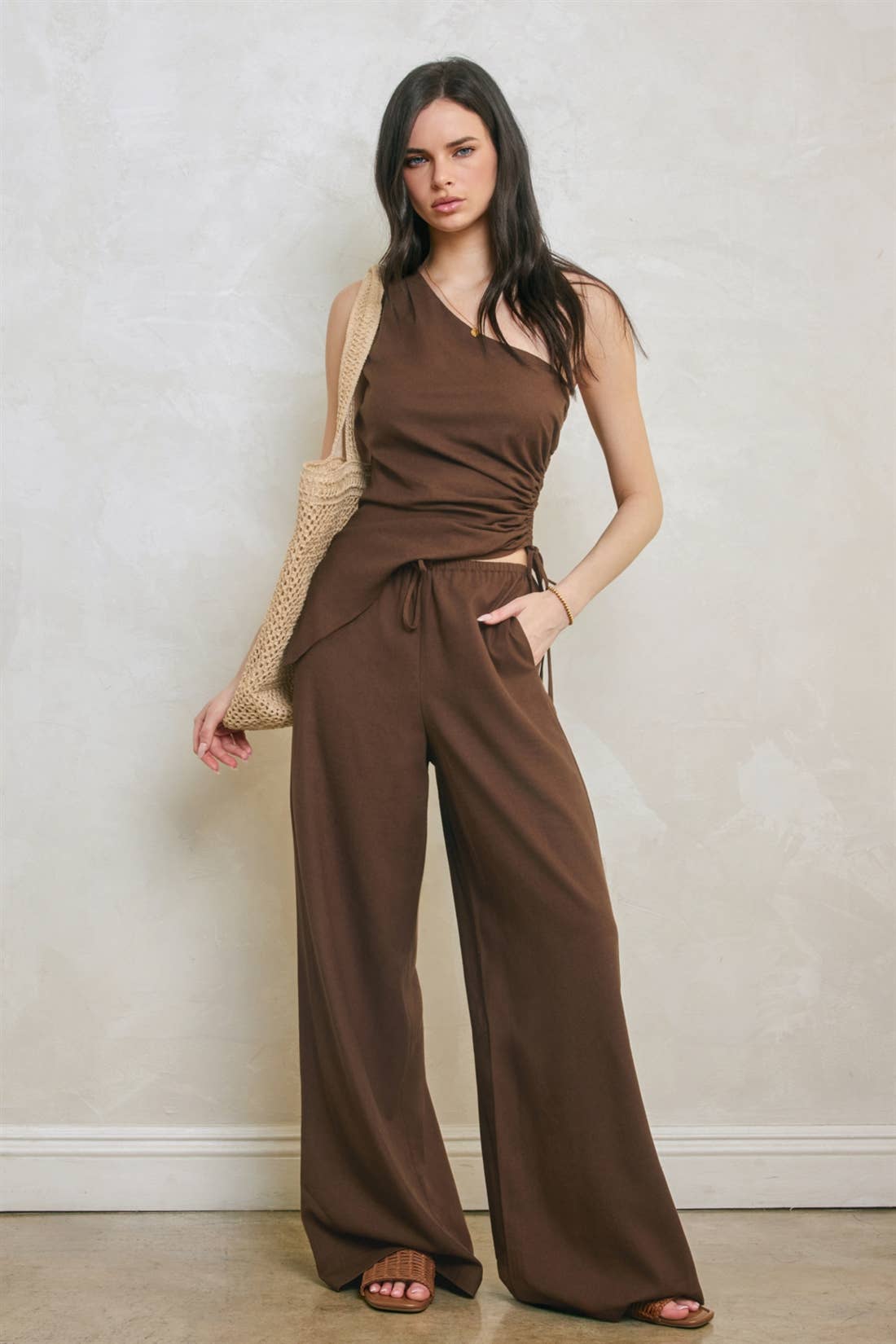 Linen One Shoulder Ruched Top