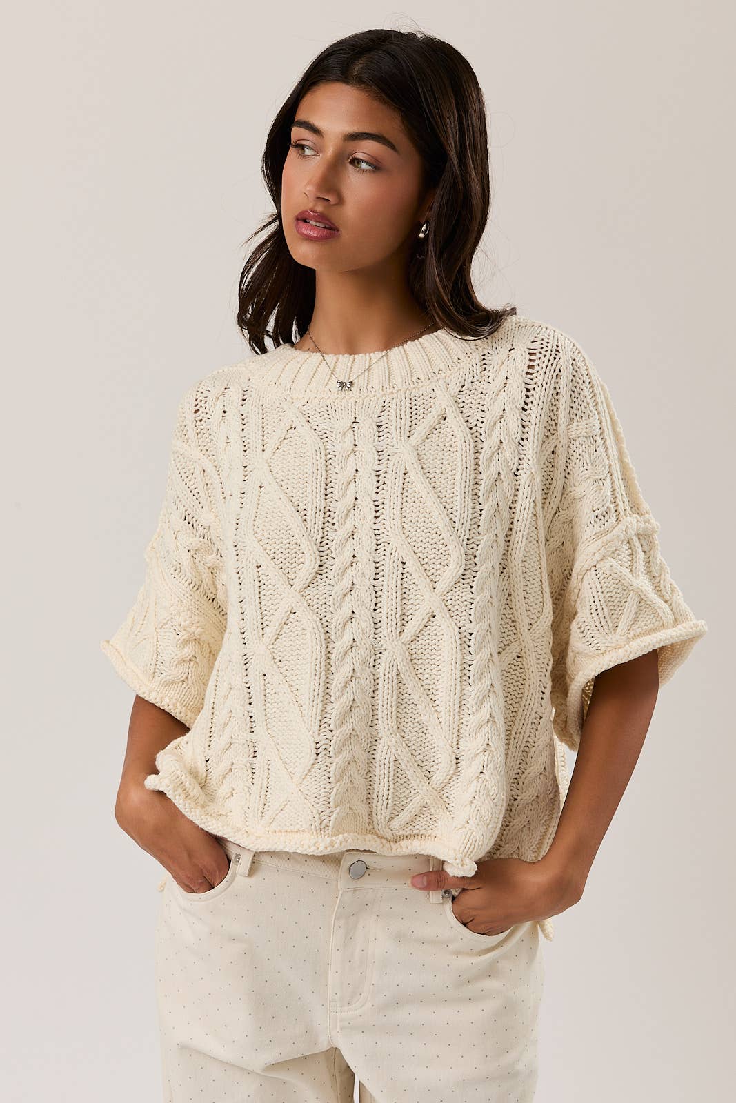 Short Sleeve Cable Knit Sweater