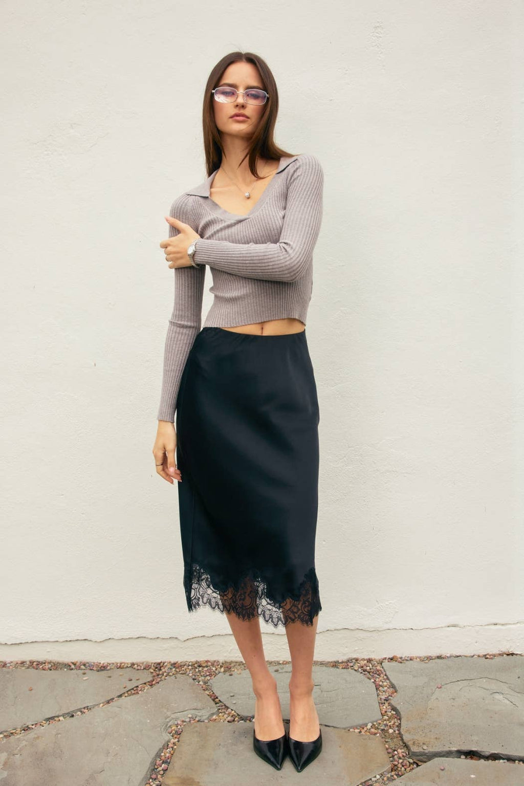 Satin Lace Hem Pencil Skirt