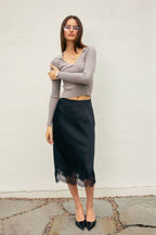 Satin Lace Hem Pencil Skirt