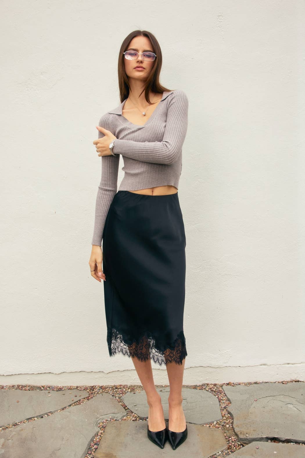 Satin Lace Hem Pencil Skirt