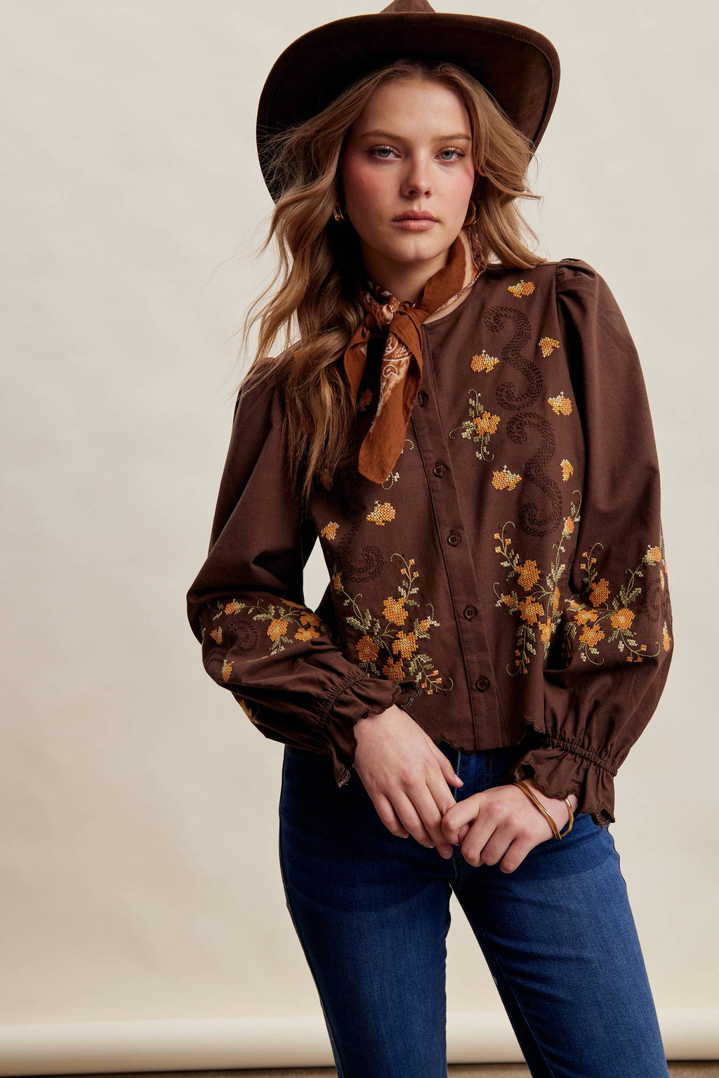 Embroidered Scallop Hem Cotton Blouse