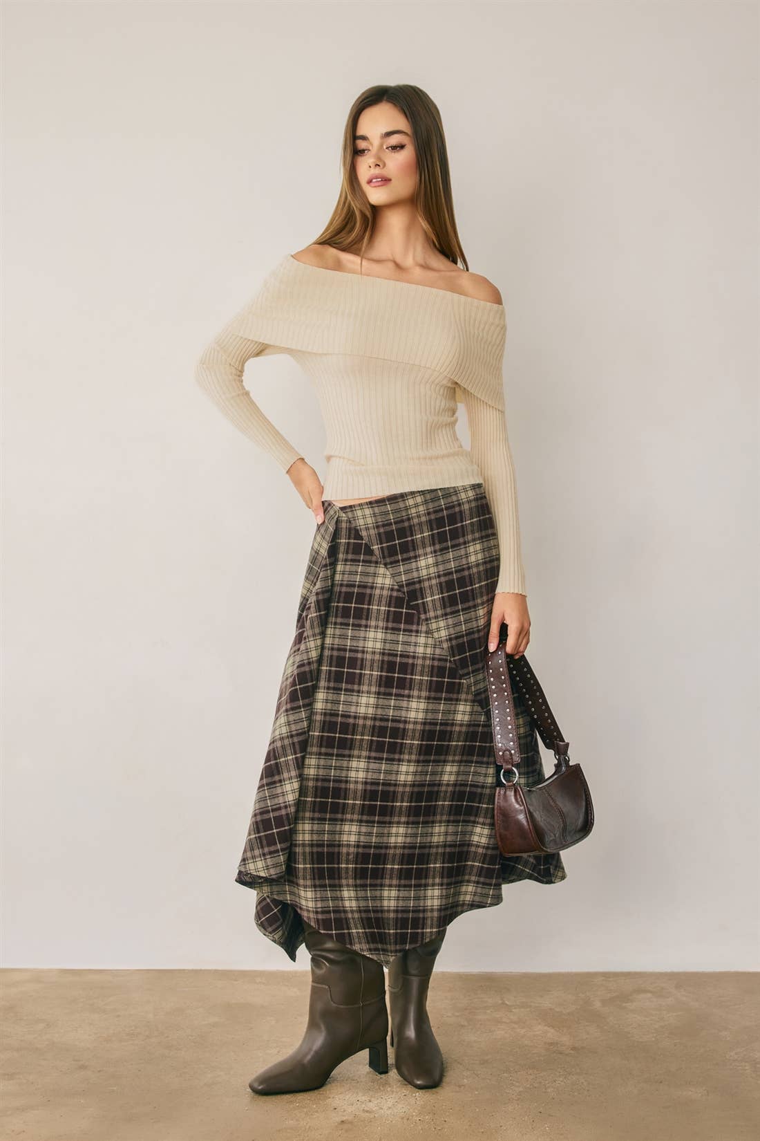 Plaid Asymmetrical Midi Skirt