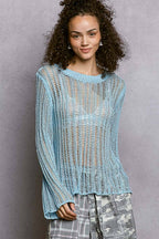 Round Neck Open-Knit Long Sleeve Sheer Sweater Top