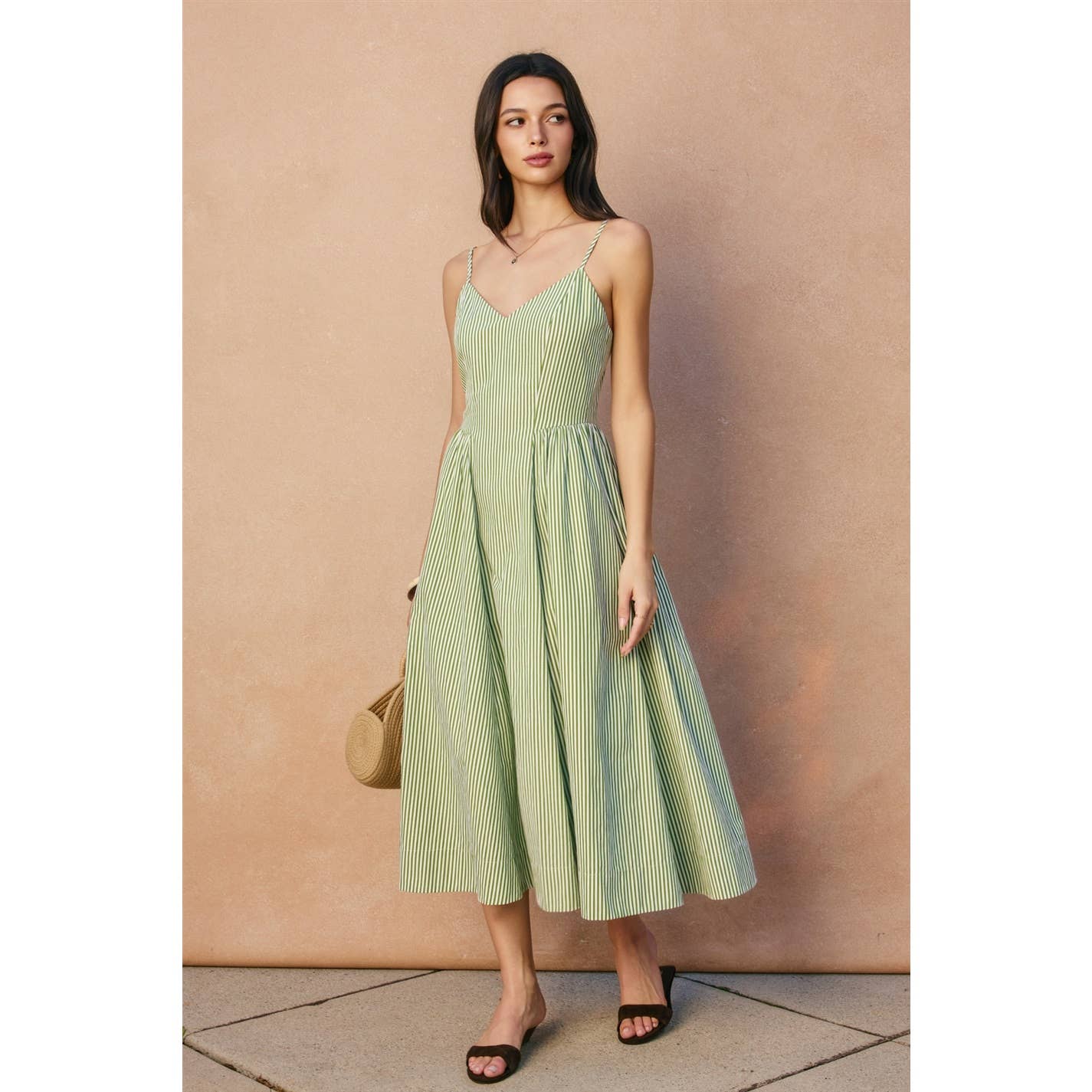 Stripe Gathered Hip Midi Dress