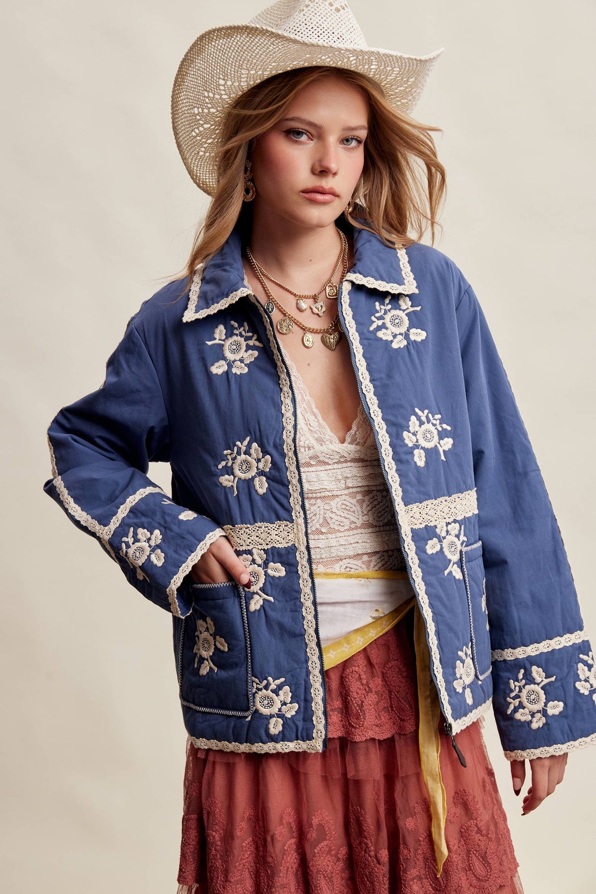 Embroidered Lace Trim Quilted Jacket