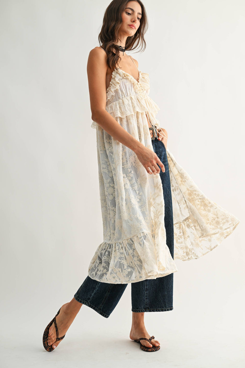 Sheer Floral Lace Ruffle Cover Up Top