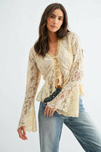 Lace Button-Down Blouse with Flared Sleeves