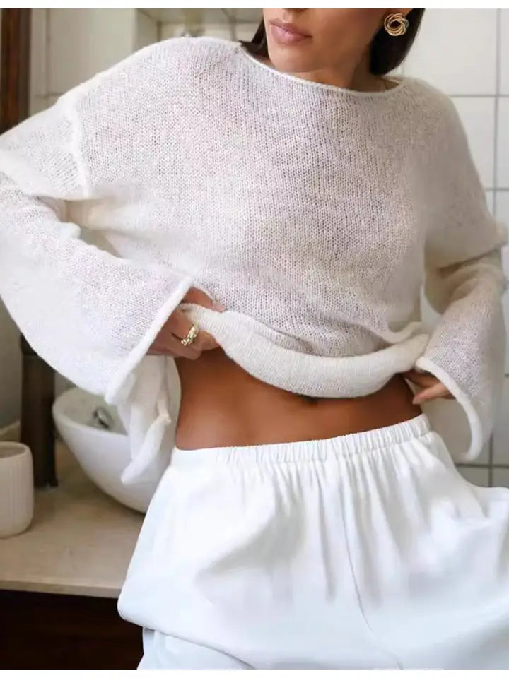 Solid Color Hollow Knit Top