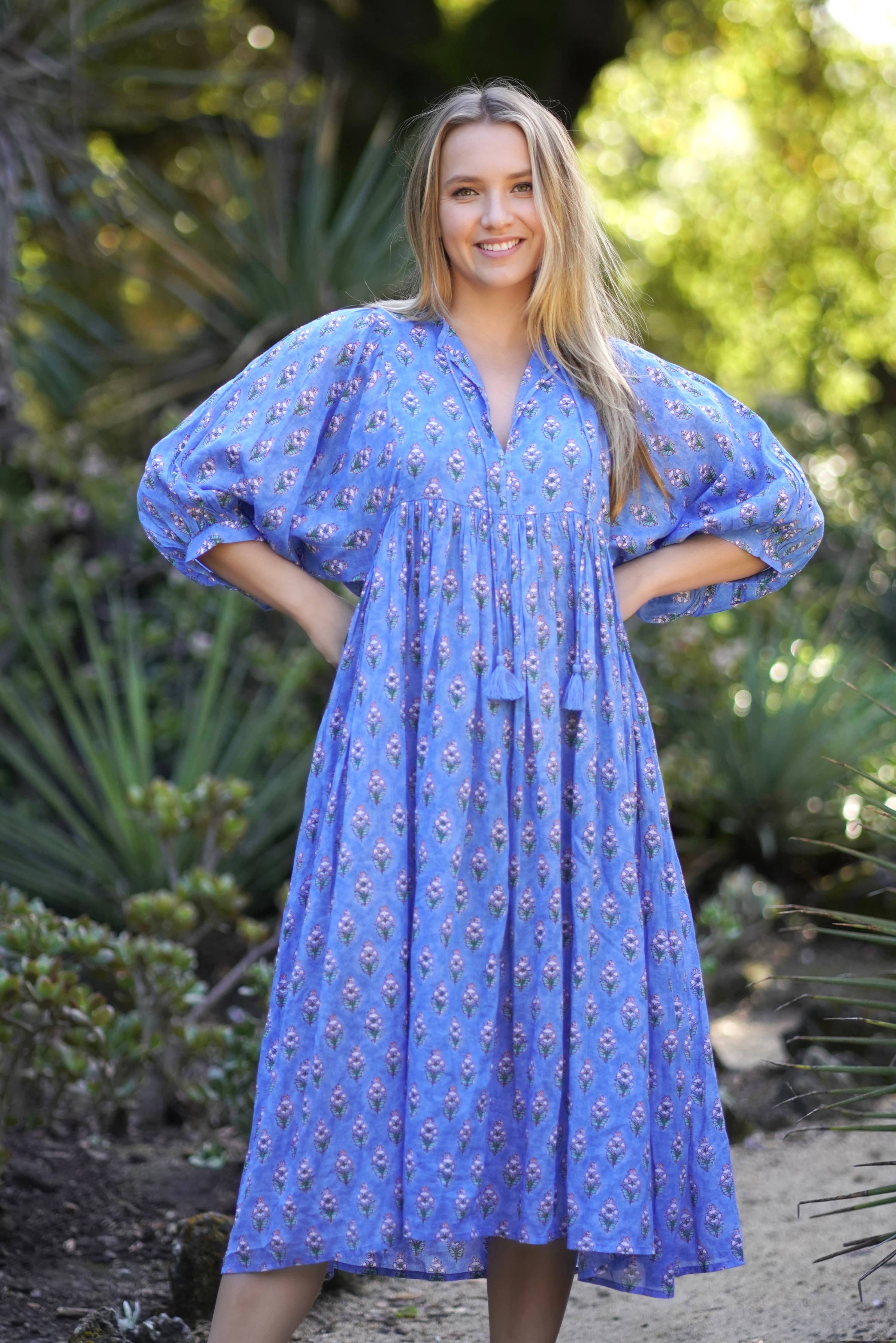 Mylah Midi Dress Block Printed Cotton Blue