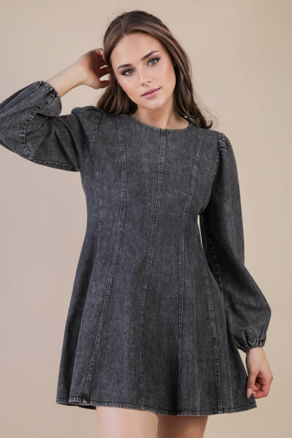 Mineral Washed Denim Seam Detail Mini Dress