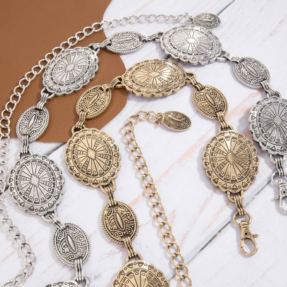 Ornate Oval Western Concho Disc Chain Belt
