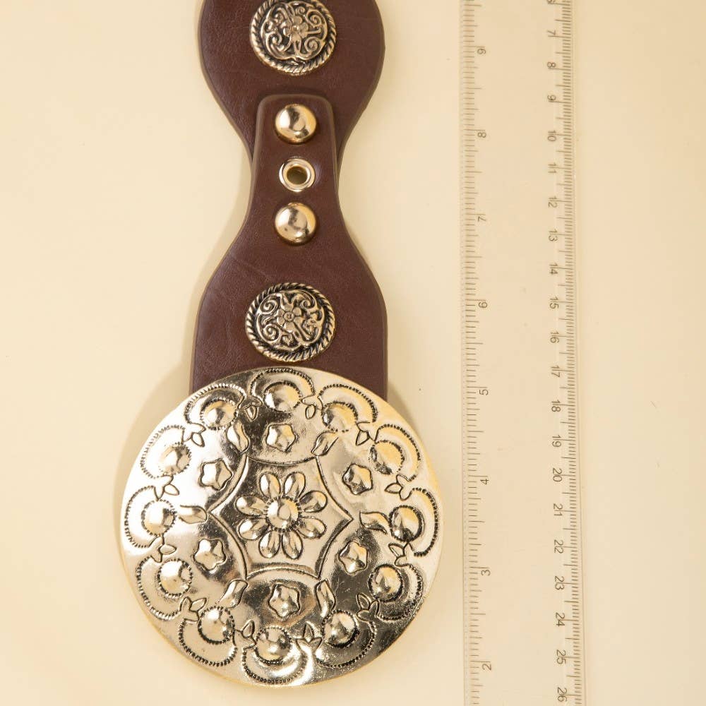 Ornate Concho Disc Buckle Vegan Leather Belt