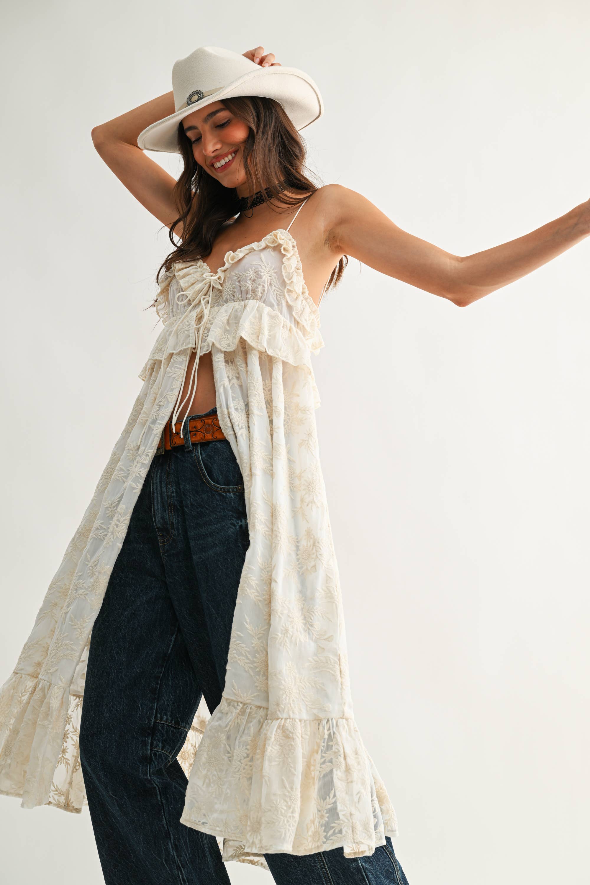 Sheer Floral Lace Ruffle Cover Up Top