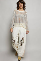 Round Neck Open-Knit Long Sleeve Sheer Sweater Top