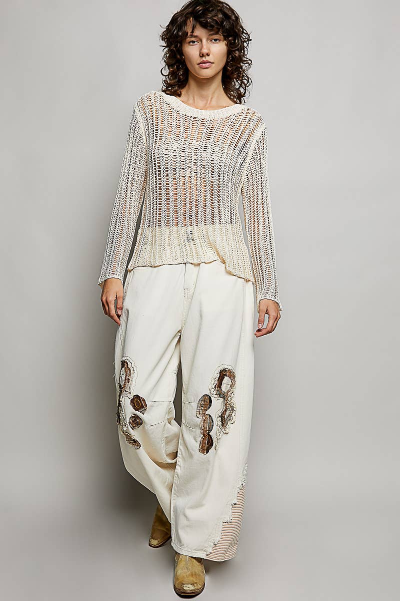 Round Neck Open-Knit Long Sleeve Sheer Sweater Top