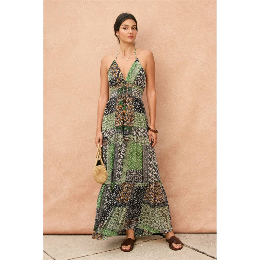 Bohemian Patchwork Halter Open Back Maxi Dress
