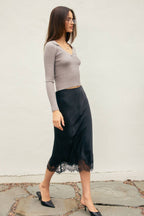 Satin Lace Hem Pencil Skirt