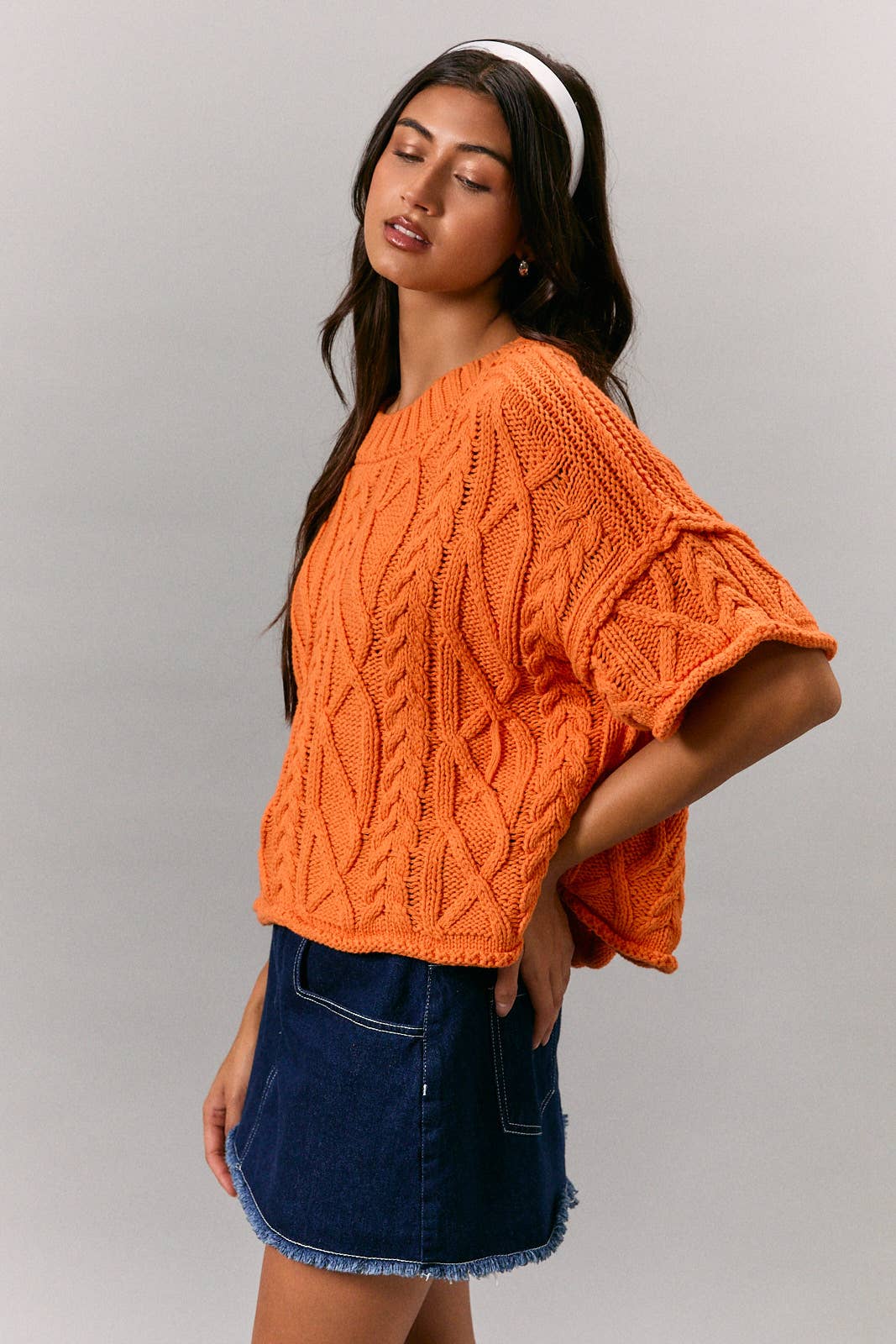 Short Sleeve Cable Knit Sweater