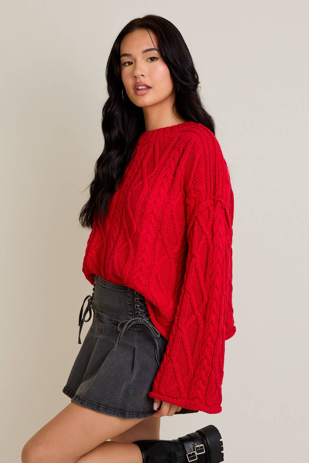 Wide Sleeve Cable Knit Sweater