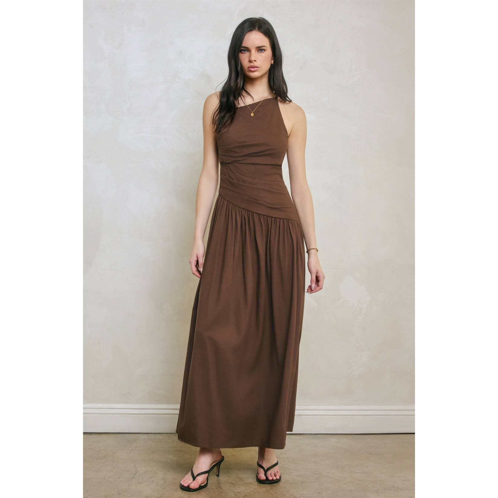 Linen Drop Waist Ruched Maxi Dress
