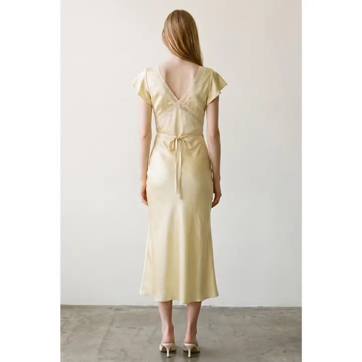 Satin Lace Flounce Sleeve Midi Dress