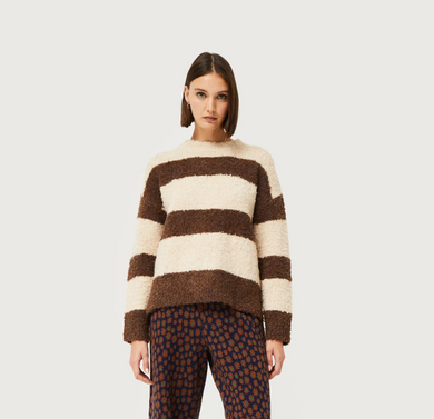 Brown striped fluffy knit sweater