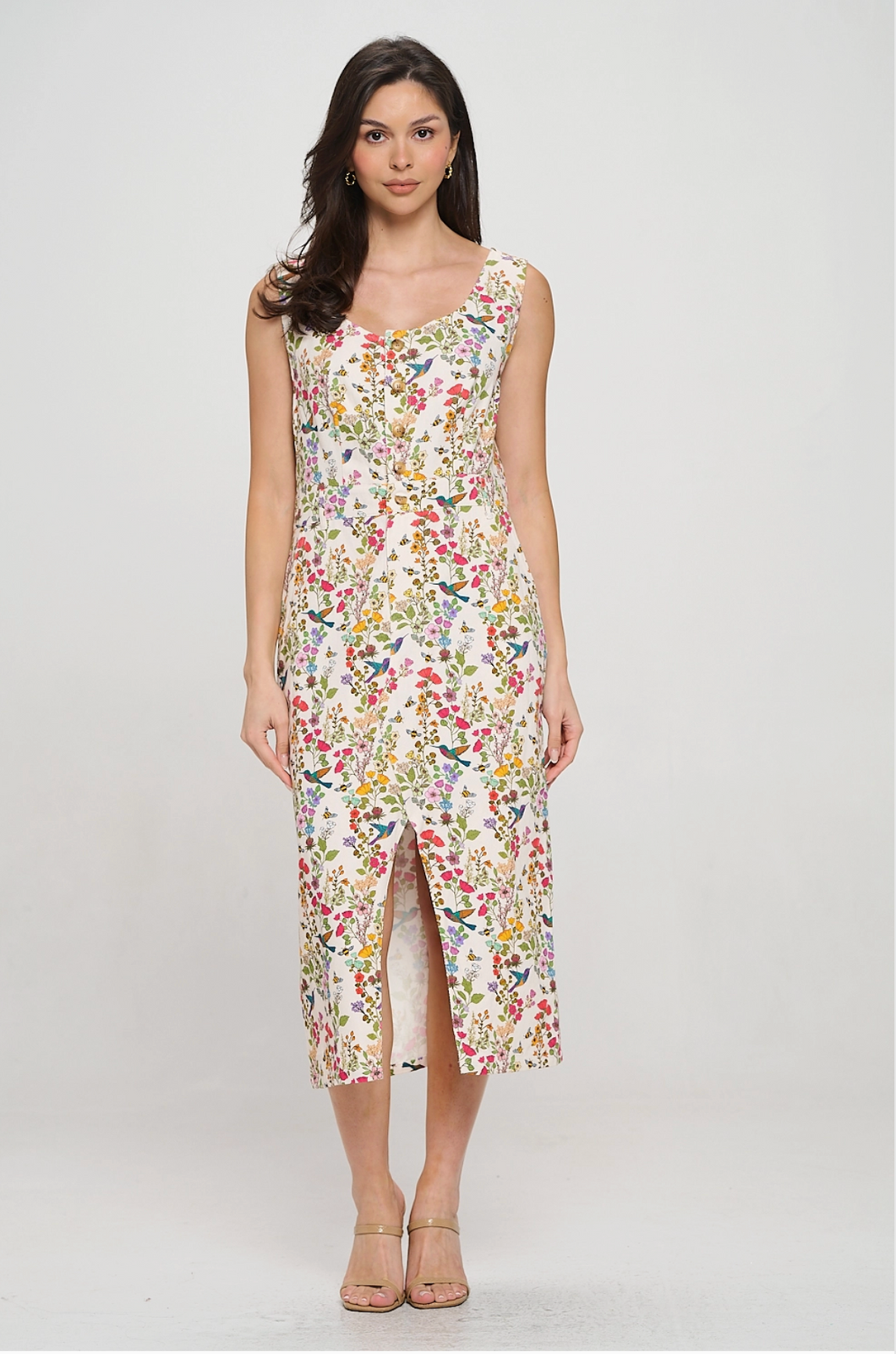 Floral Hummingbird Print Midi Dress