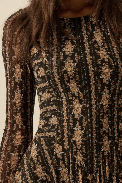 Floral Mesh Drop-Waist Midi Dress