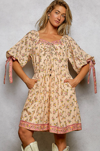 Heart Neck 1/2 Sleeve Bow Detail Printed Woven Dress
