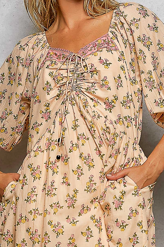 Heart Neck 1/2 Sleeve Bow Detail Printed Woven Dress