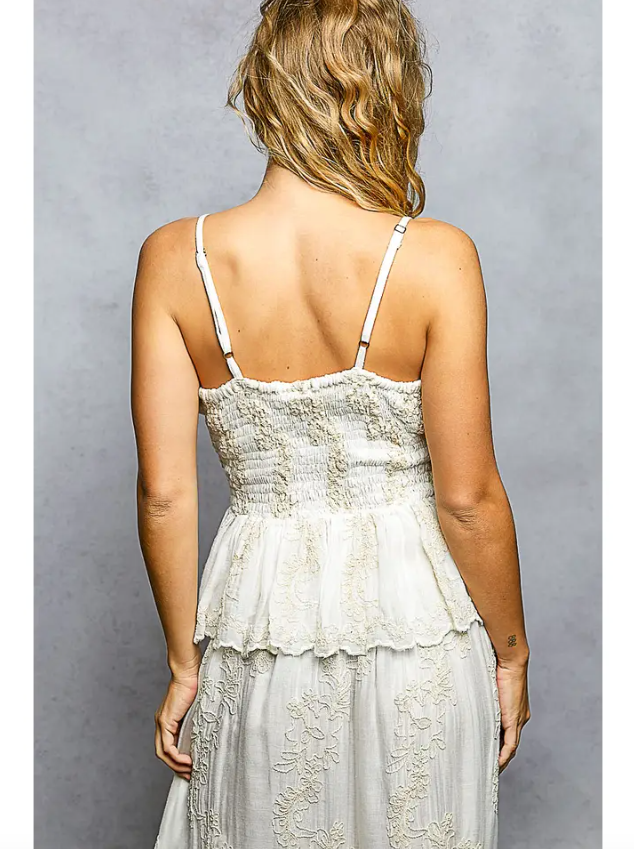 Embroidered V-Neck Smocked Tank Top