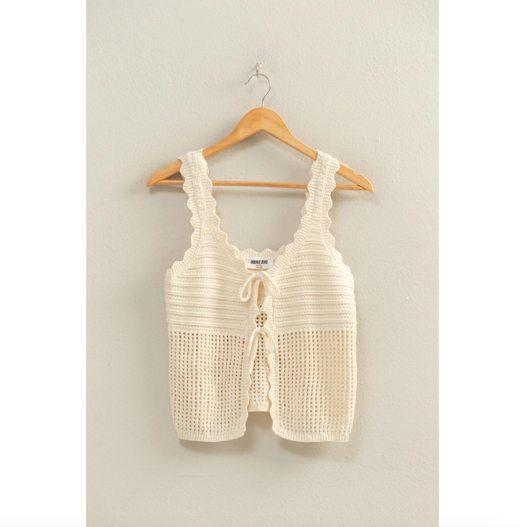 Sleeveless Open Knit Double Tie-Front Vest