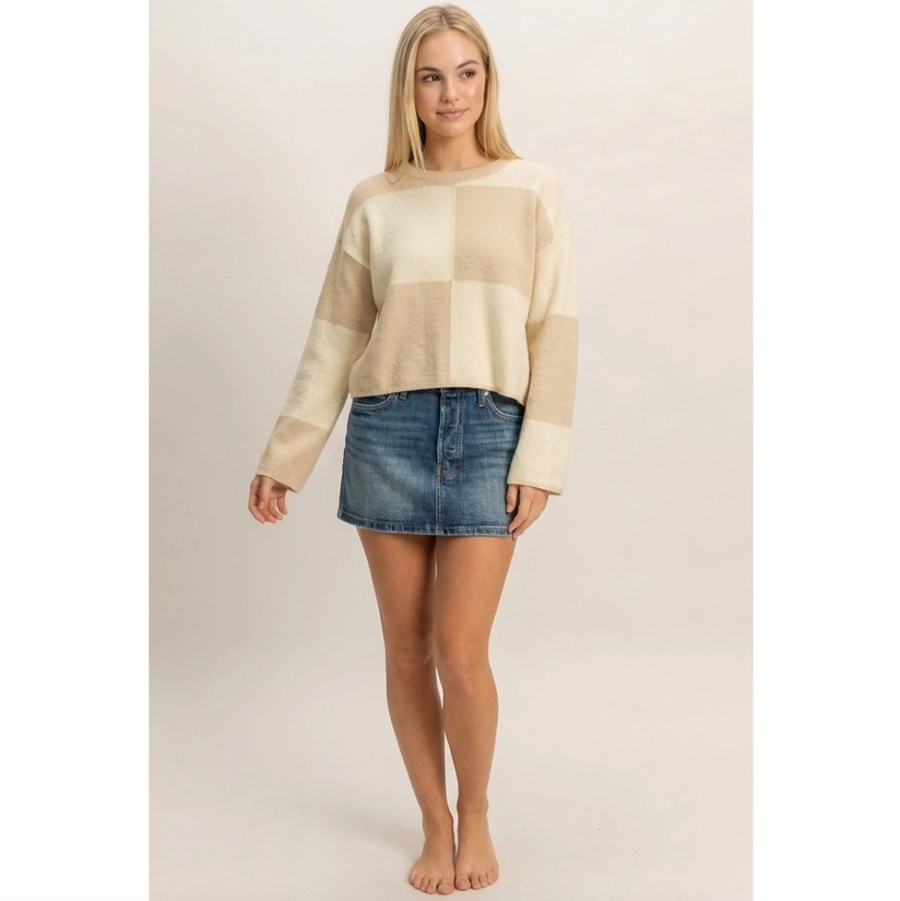 Crew Neck Checkered Sweater